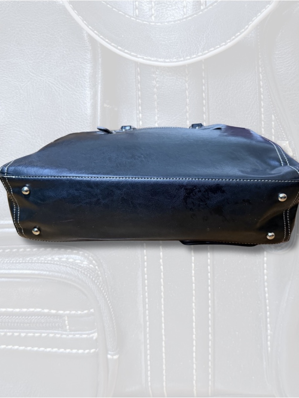Black Multi-Pocket Faux Leather Tote with White Stitching - Picture 3 of 4